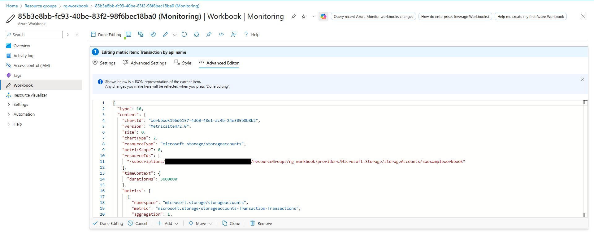 Workbook Advanced Editor view for exporting or editing the workbook JSON